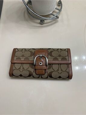 Coach Brown/Tan Signature Canvas Folding Wallet with Buckle